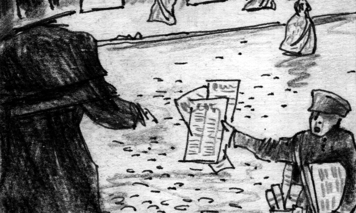 Paperboy hands newspaper