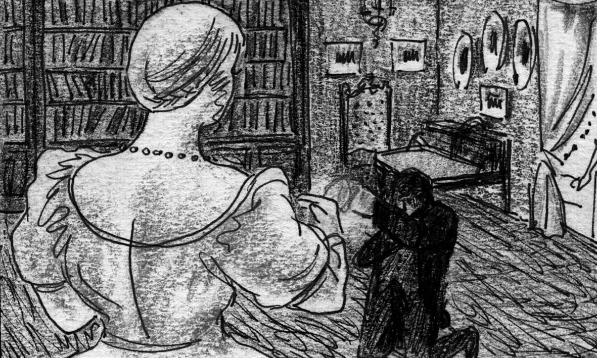 Poprishchin picks up handkerchief