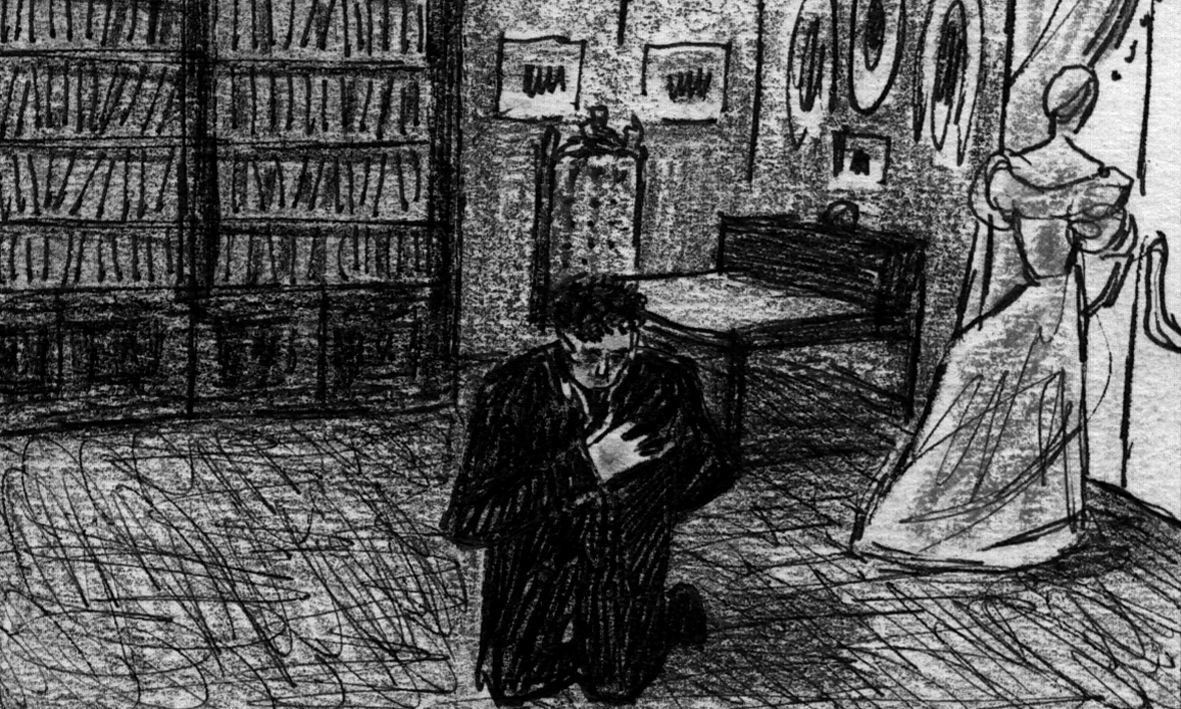 Poprishchin kneels with handkerchief