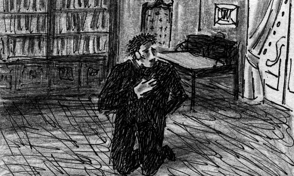 Poprishchin kneeling on floor