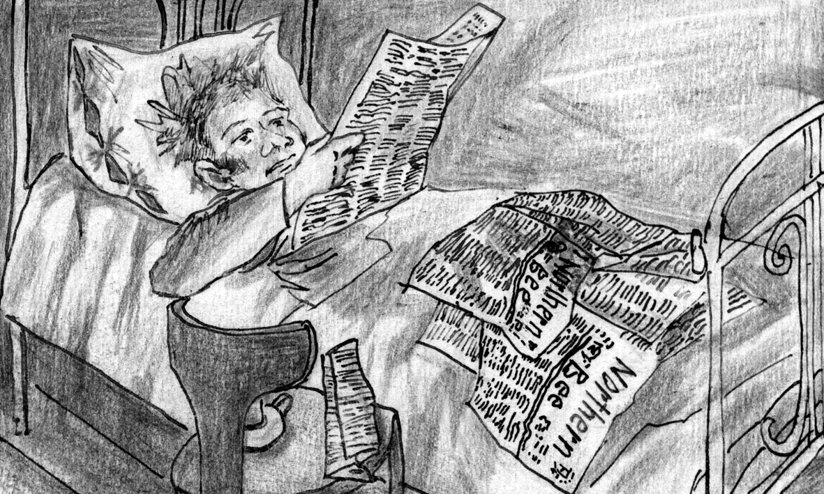Poprishchin in bed with newspaper