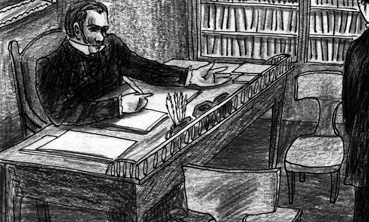 Chief gestures Poprishchin to sit