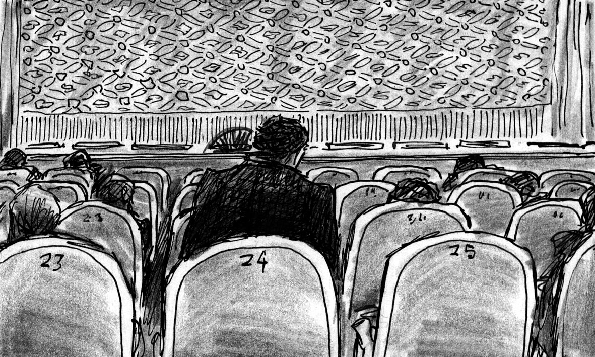 As Poprishchin takes his seat, he leans forward and talks to the patron seated i