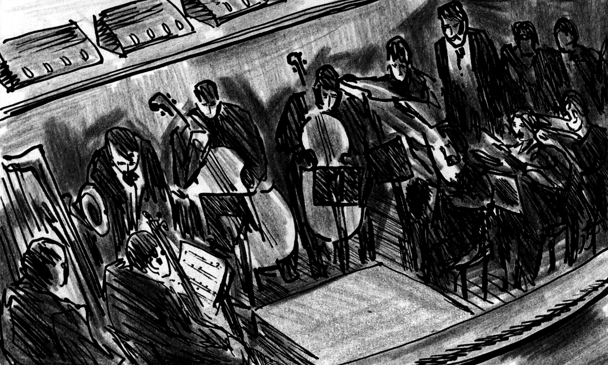 Cut to: The first violinist enters and takes his seat.