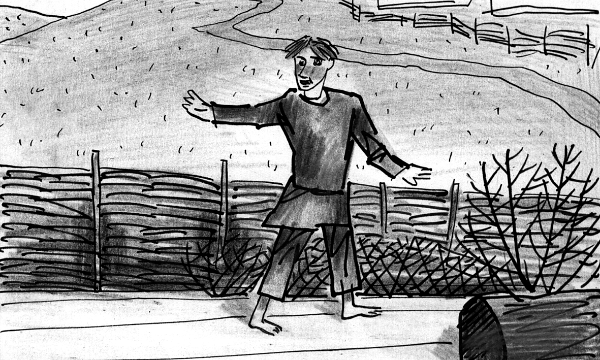 Cut to: Filatka, standing near the hollow, gestures for Miroshka to come over.