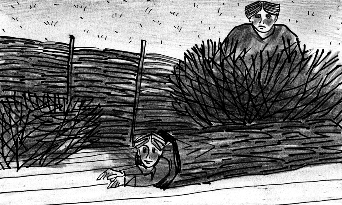 Cut to: Filatka hides inside the hollow, and Miroshka hides behind the bush.
