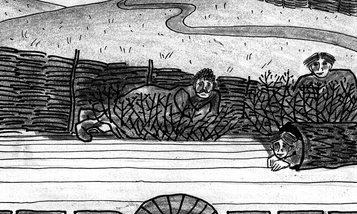 Vasily hides in the bushes upstage center.