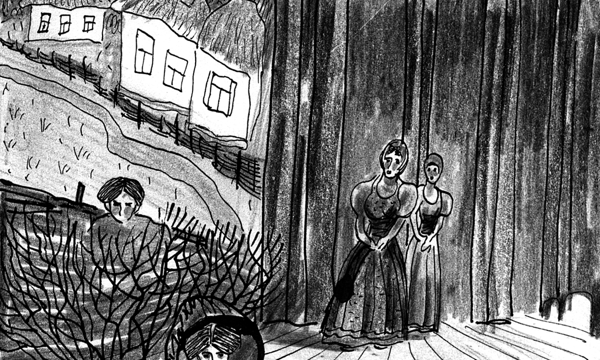 Cut to: The CAMERA PANS with Kuzminishna and her daughter Grusha as they enter D
