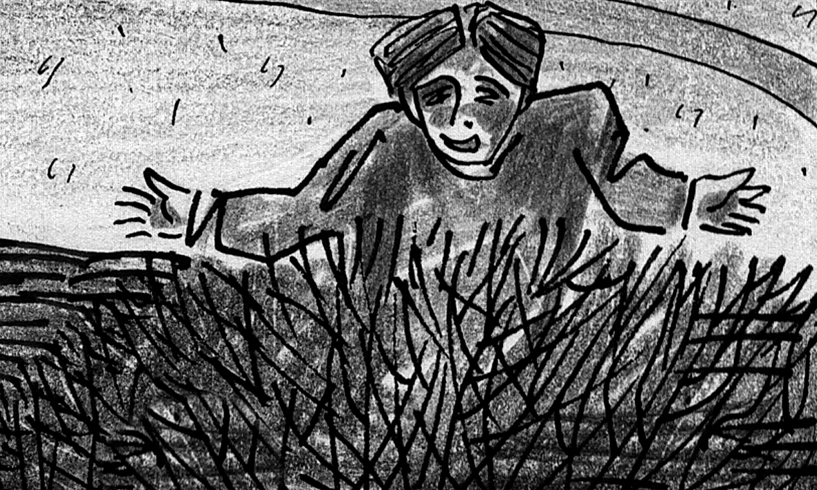 Cut to: Miroshka jumps up yet again from behind the bushes.