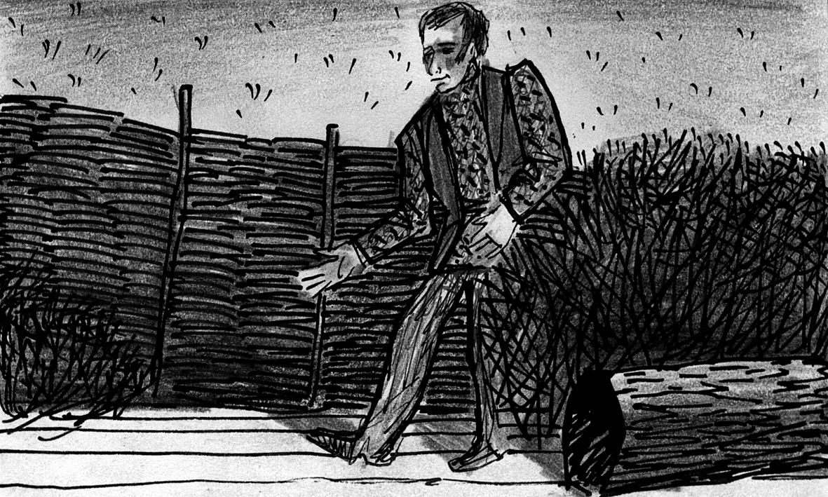 Cut to: Tarasievych, a clerk in the local court, enters UPSTAGE LEFT and crosses