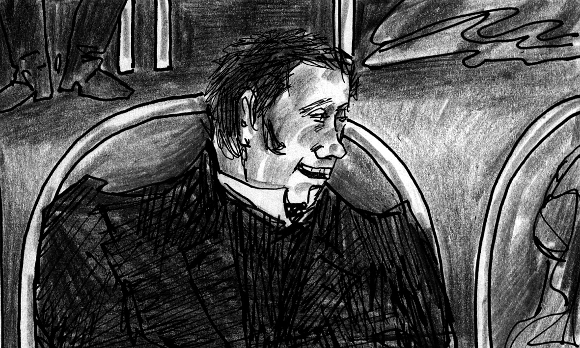 Cut to: Poprishchin leans over and talks to the patron sitting next to him.