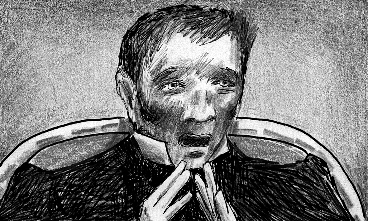 Cut to: Poprishchin is terrified. The light on his face changes abruptly from wh