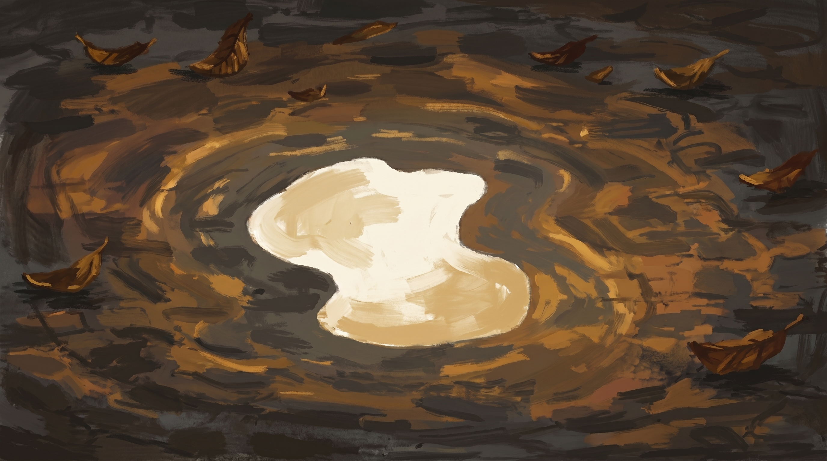 Leaves across moon reflection in puddle