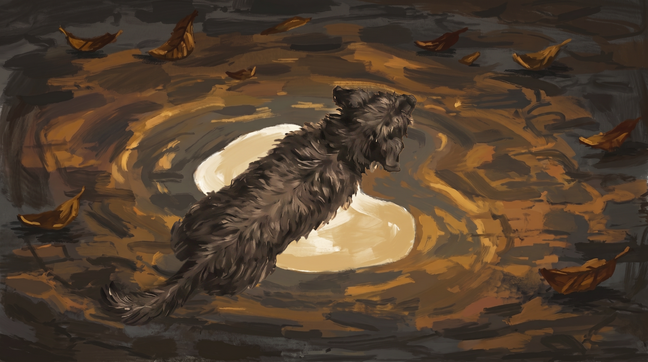 Mongrel dog walks through puddle
