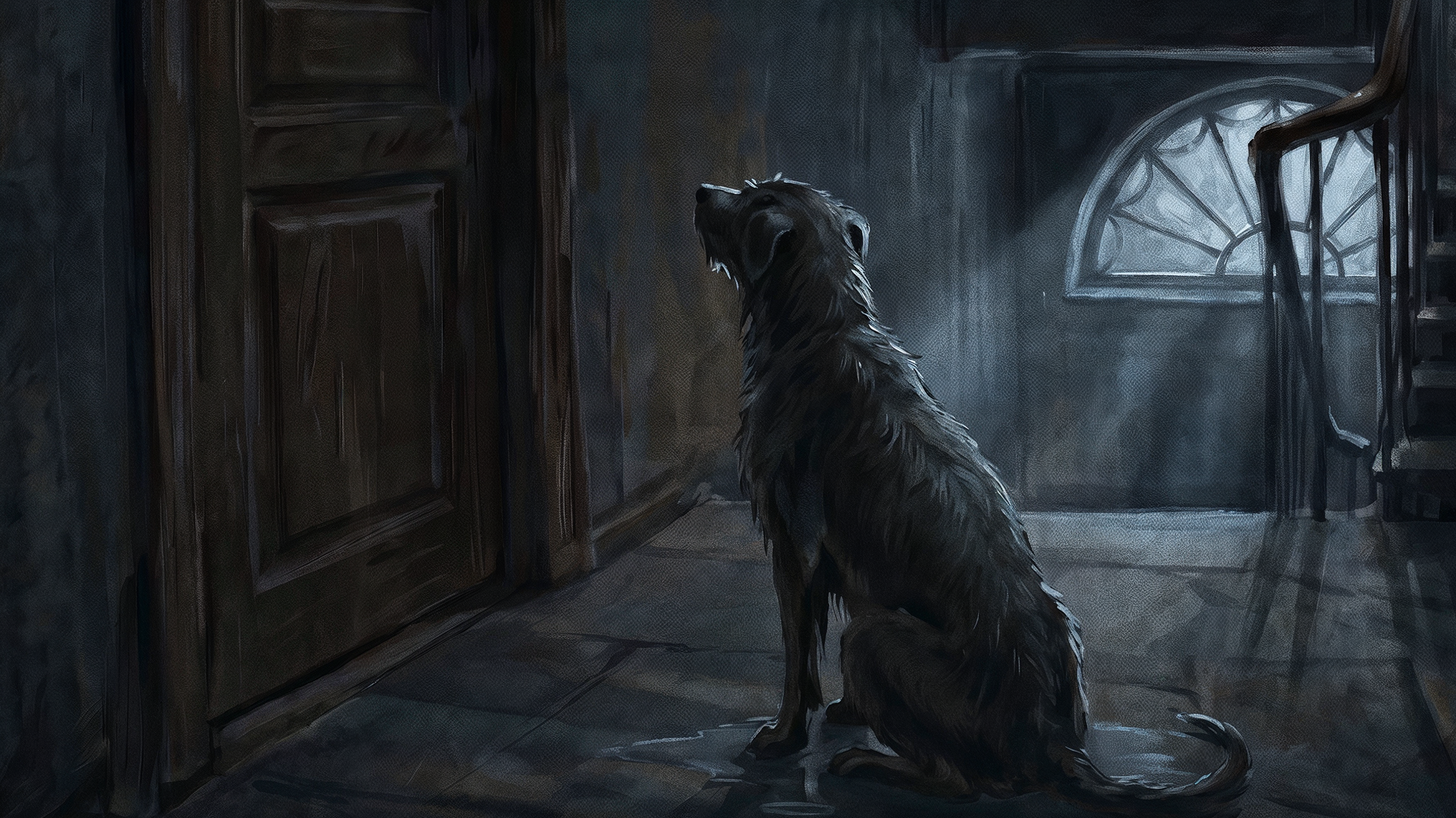 Mongrel climbs stairs