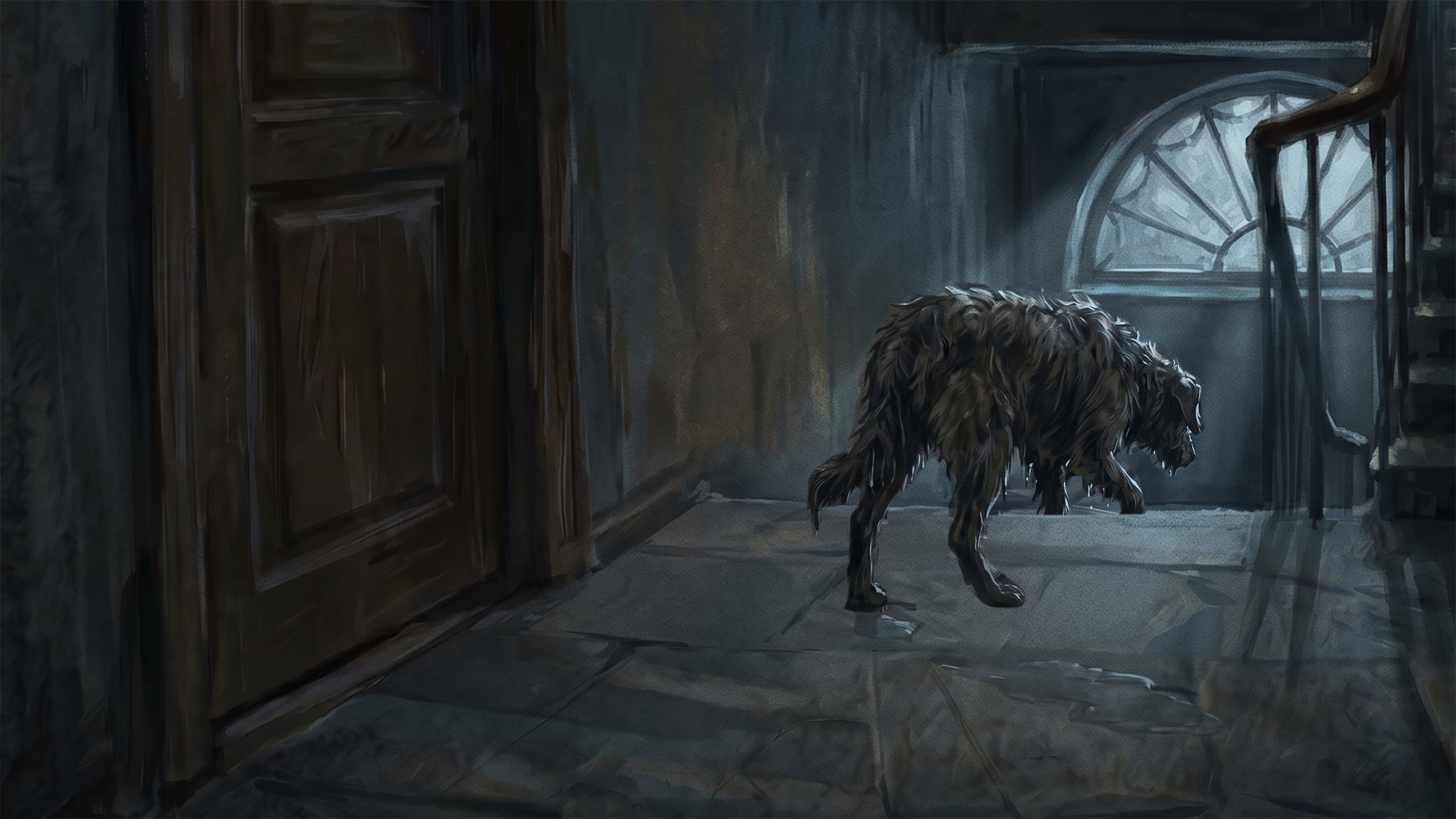 Mongrel walks down stairs defeated