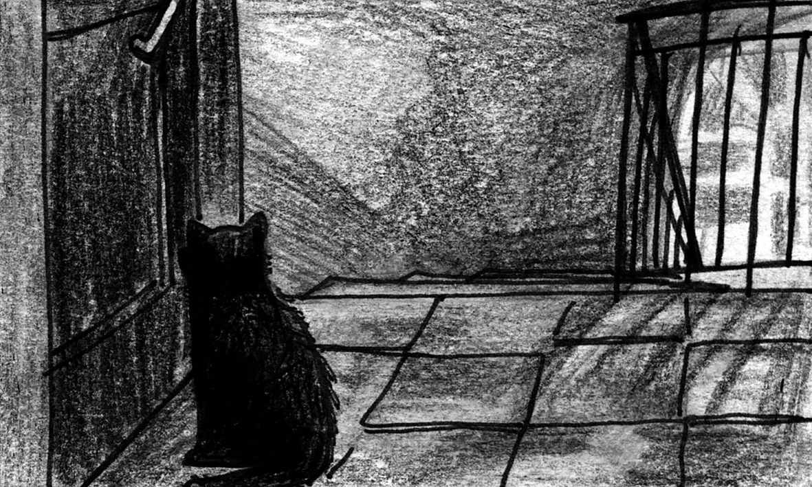 Mongrel climbs stairs