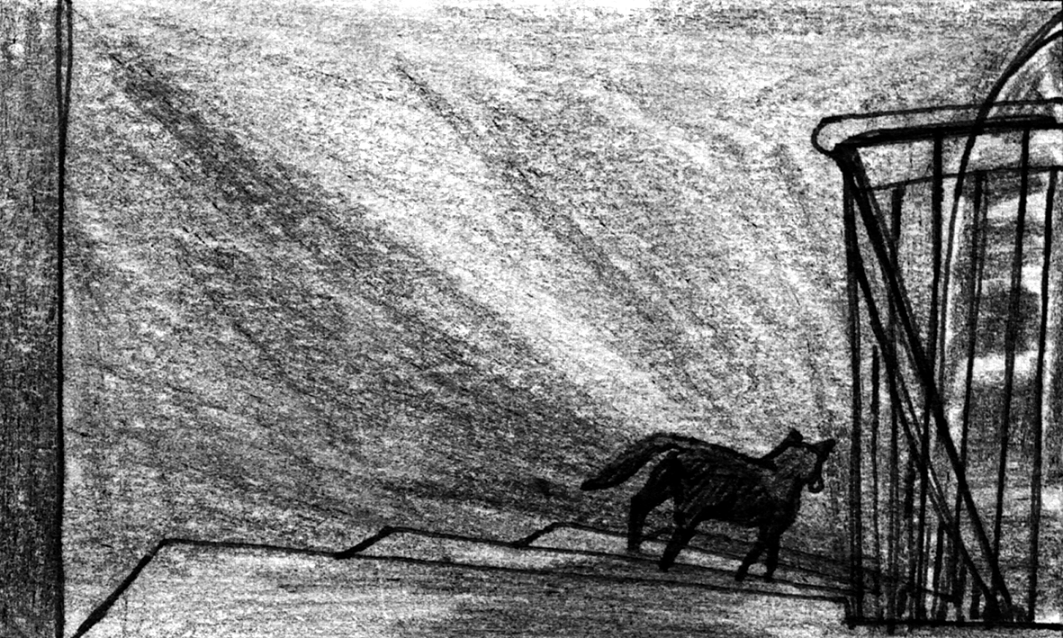 Mongrel walks down stairs defeated